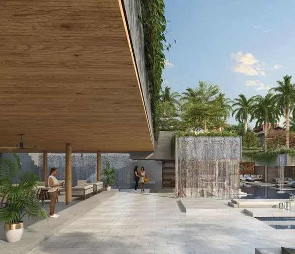 Clubhouse terrace with a water feature