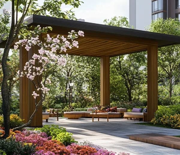 Pergola seating in a flowering garden