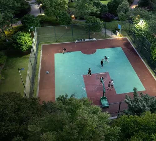 Aerial view of a sports court within the landscape