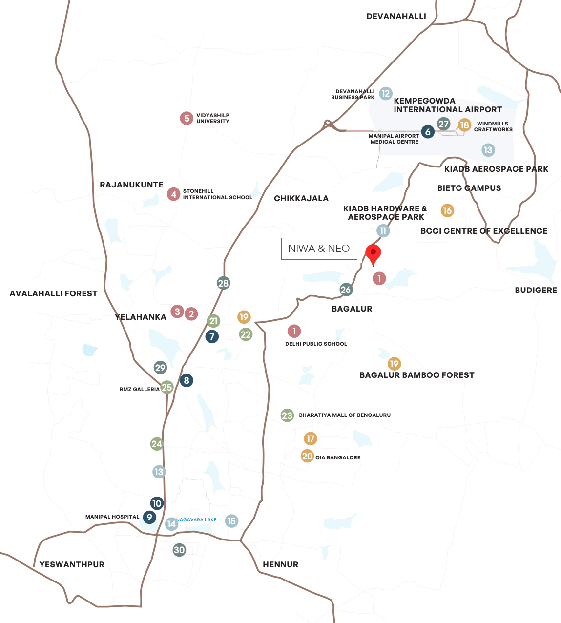 Locality map of Niwa & Neo near Bagalur, with Kempegowda International Airport, KIADB Aerospace Park, Yelahanka and Hennur