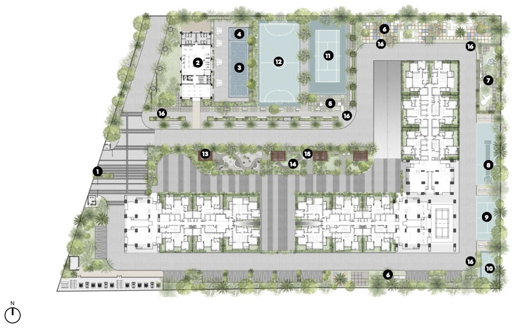 Niwa & Neo master plan: towers around a central landscaped court, with the clubhouse, pools and sports courts along the north edge